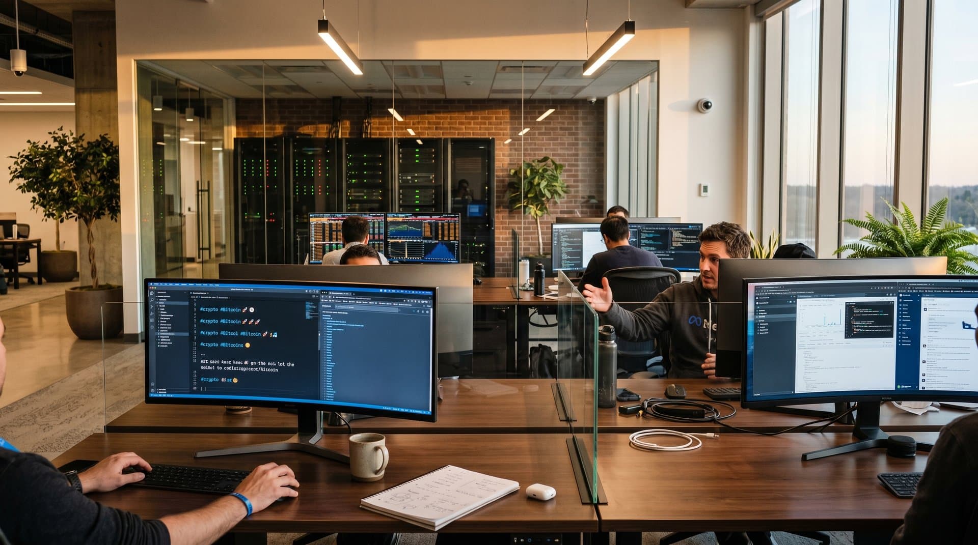 Meta AI lab screens display Facebook post generator interfaces with crypto charts and social content previews