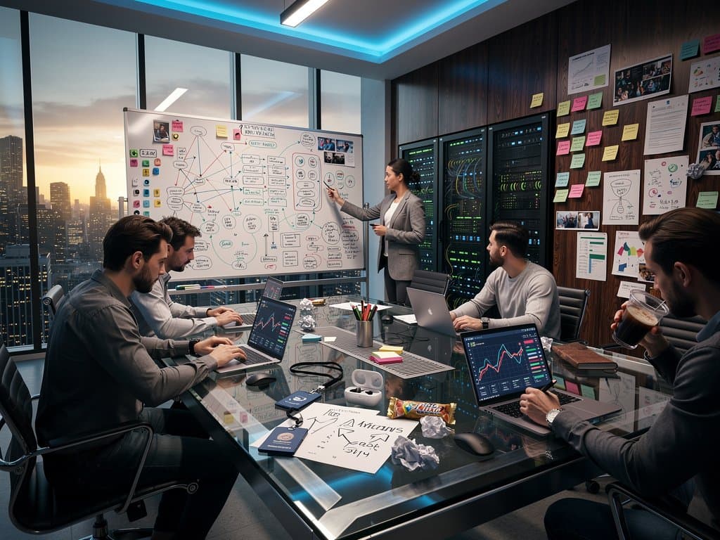 Creators in OpenAI-inspired office viewing AI financial dashboards and workflow diagrams on monitors around collaborative table