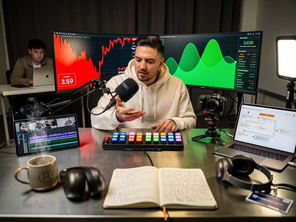 Creator desk with MemeCore crypto chart dropping beside rising revenue dashboards, gadgets like Rode mic and Elgato Stream Deck