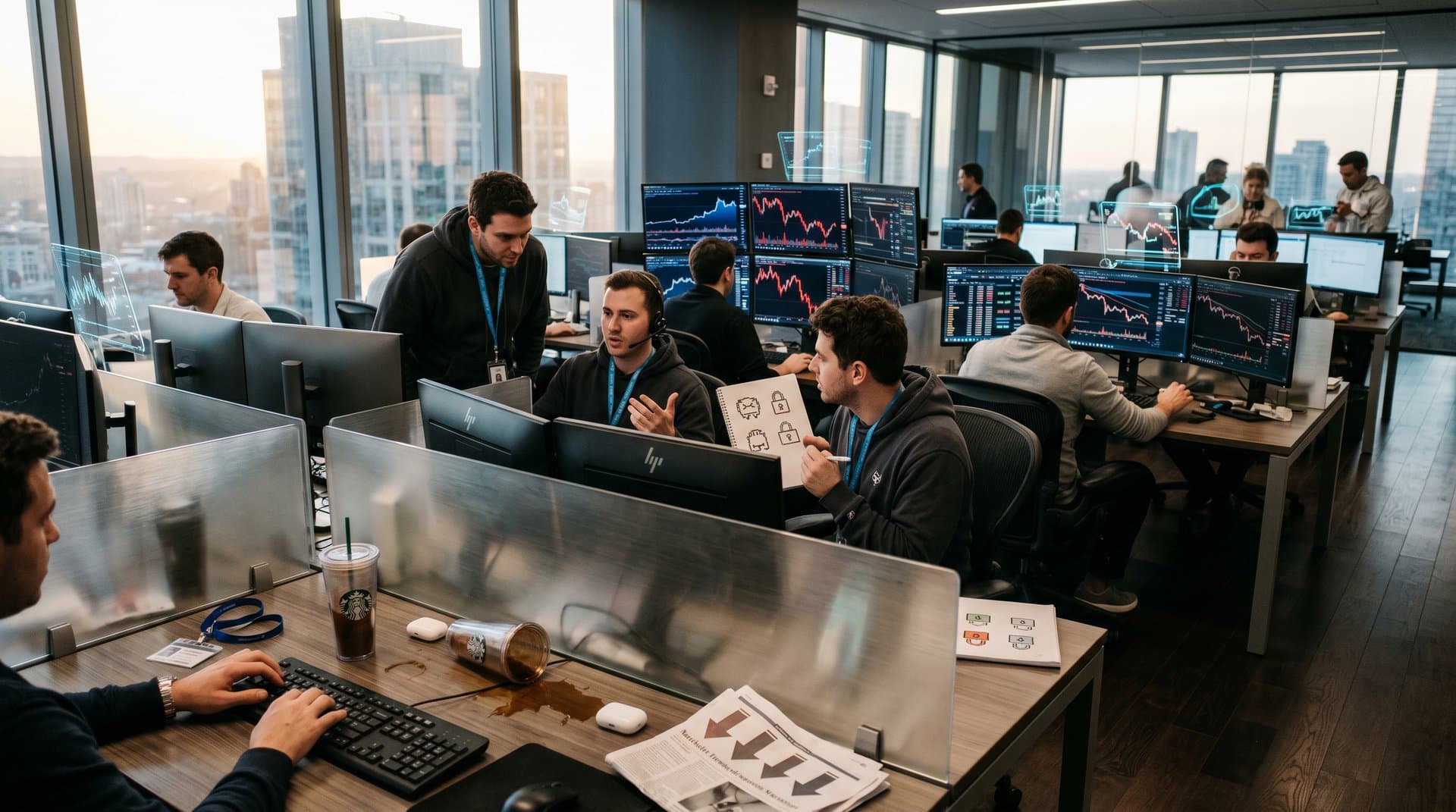 Abstract Solana blockchain cracking under price drop with NFT and token-gated elements in cyberpunk style