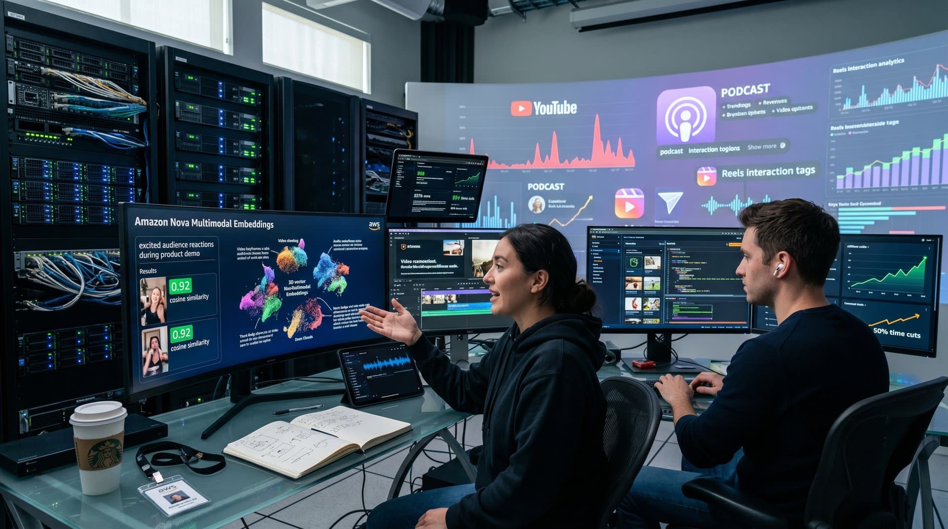 Futuristic AWS data center with monitors showing video embedding heatmaps, server racks glowing with LEDs, and semantic search visualizations