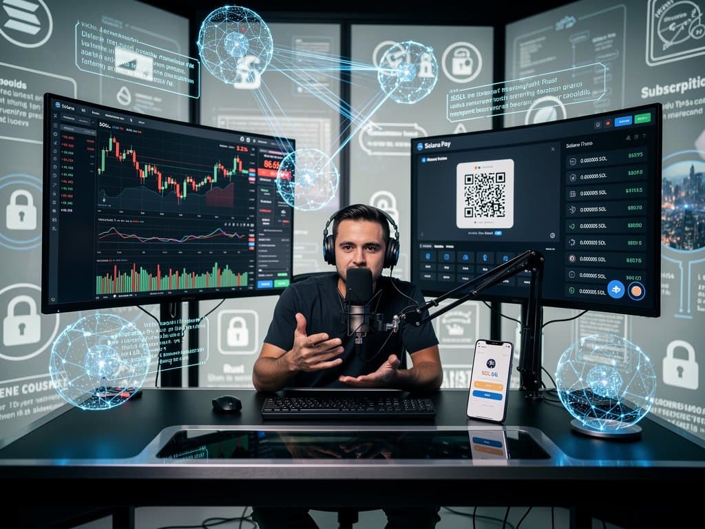 Creator studio with Solana price chart drop to $86.69, Solana Pay QR, podcast gear, and blockchain visuals