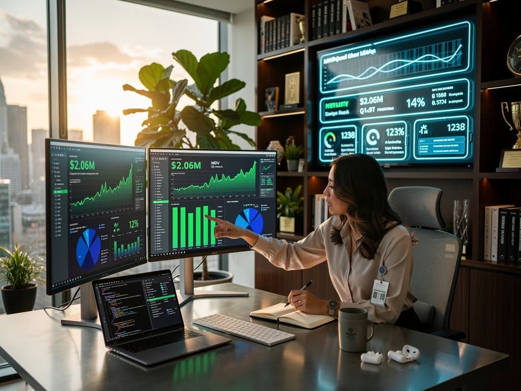 Creator desk with monitors showing MDV dashboards, $2.06M revenue charts, growth metrics, GitHub repo, and Markdown tools in modern office