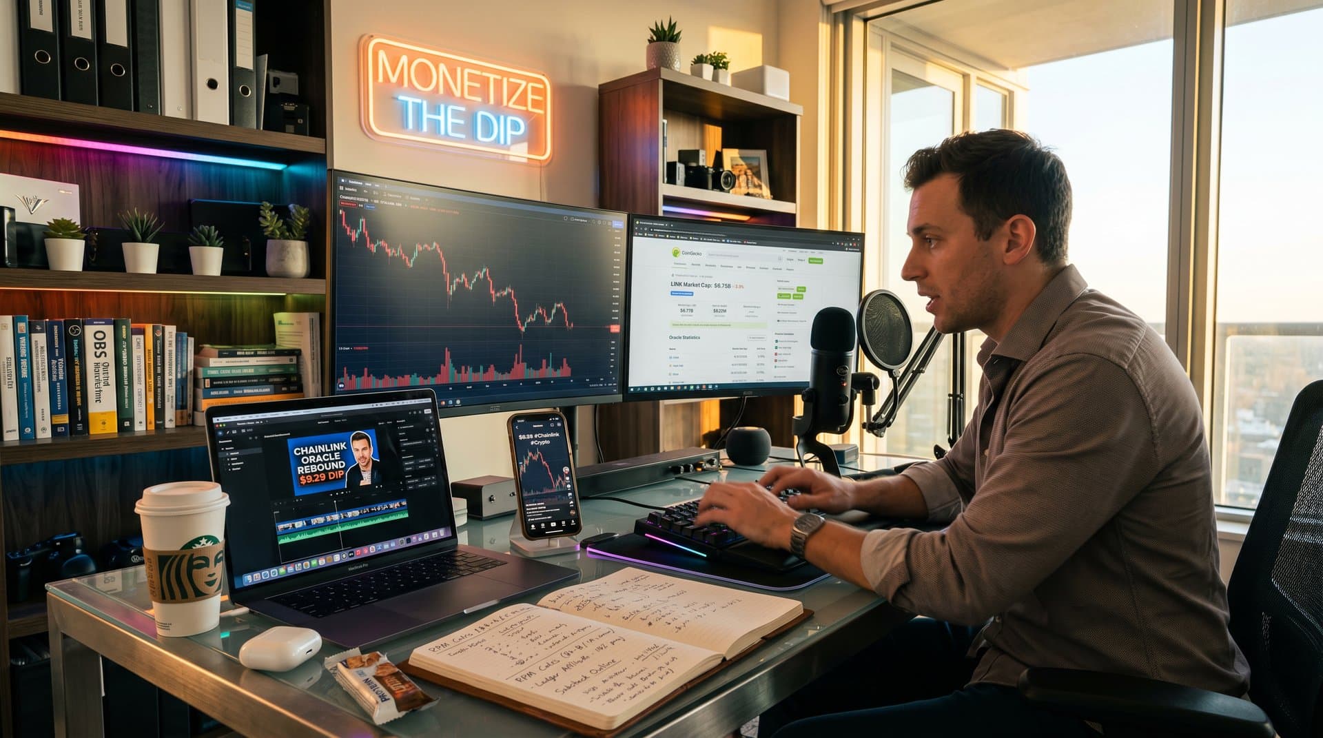 Creator desk with Chainlink price charts on monitors, editing software, mic, and content tools in modern office