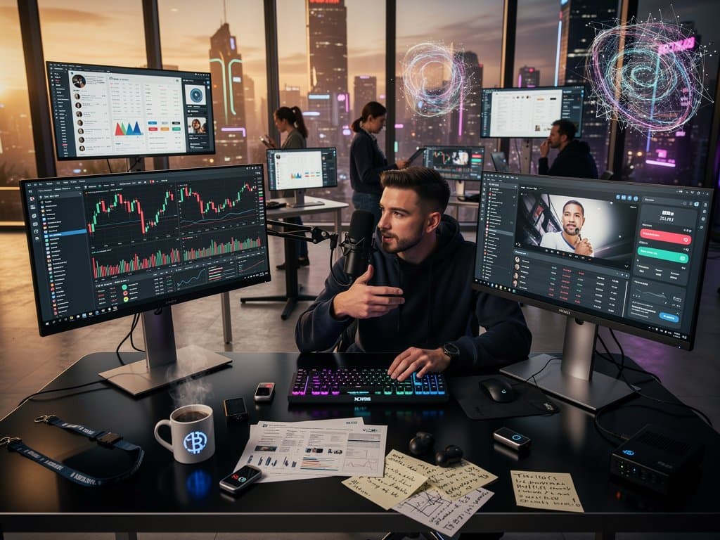 Web3 creator workspace with Solana price chart at $85.71, tutorial overlays on monitors, RGB setup and coffee mug in modern office during crypto dip