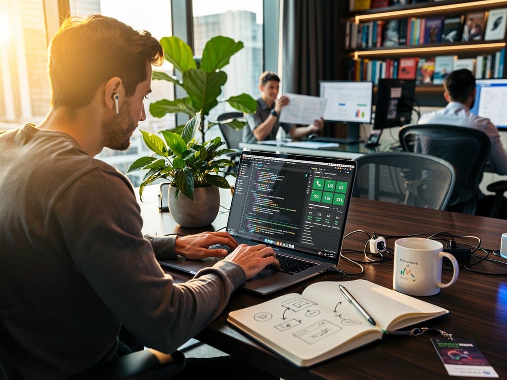 Creator desk with VS Code previewing MDV Markdown data dashboards showing revenue metrics, YAML blocks, and GitHub repo