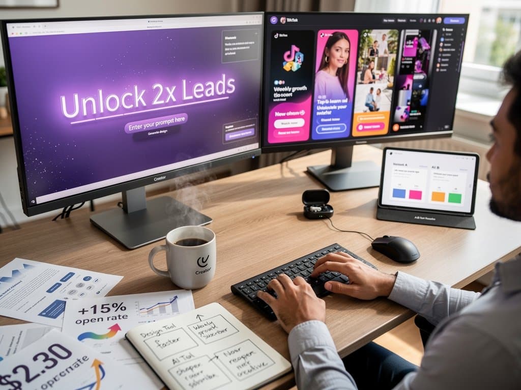 Creator desk with Claude Design interface showing layered AI-generated visuals for newsletters and social media