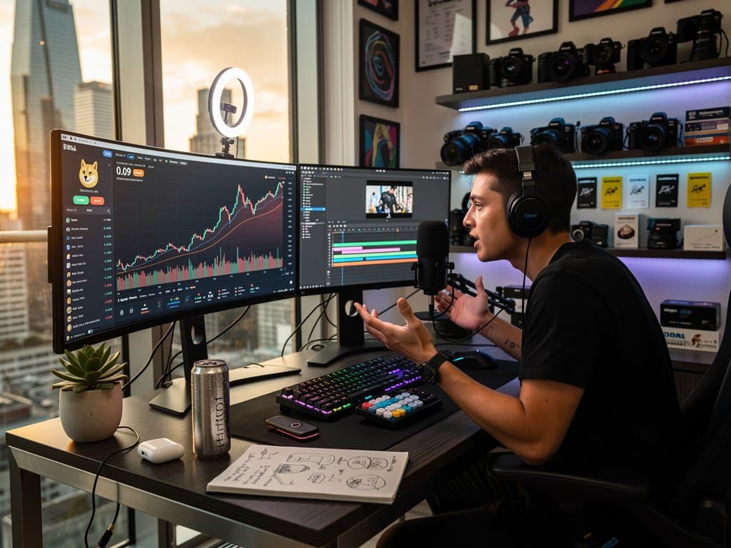 Crypto creator's desk with Dogecoin charts, editing software, and production tools in modern home office
