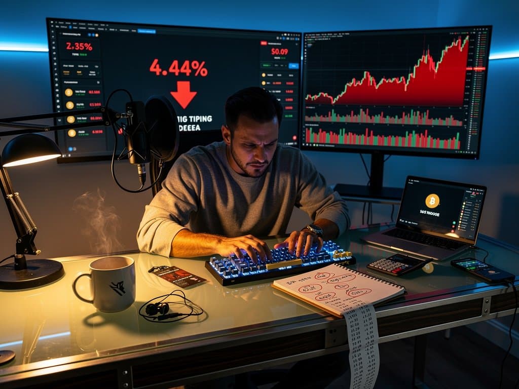 Creator desk with monitors showing Dogecoin price drop to $0.09 USD and evaporating tipping revenue on X dashboard amid crypto charts