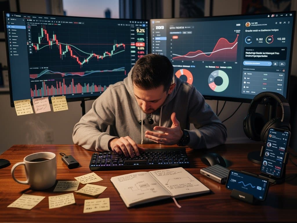 Creator desk with monitors showing Chainlink dip chart at $9.18, NFT royalties dashboard, hedging tools, coffee mug and keyboard in modern office