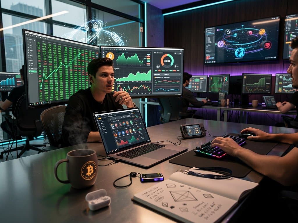 Creator desk with crypto stock charts, BTC $75K graph, Fear & Greed 27, Web3 NFT tools in cyberpunk style