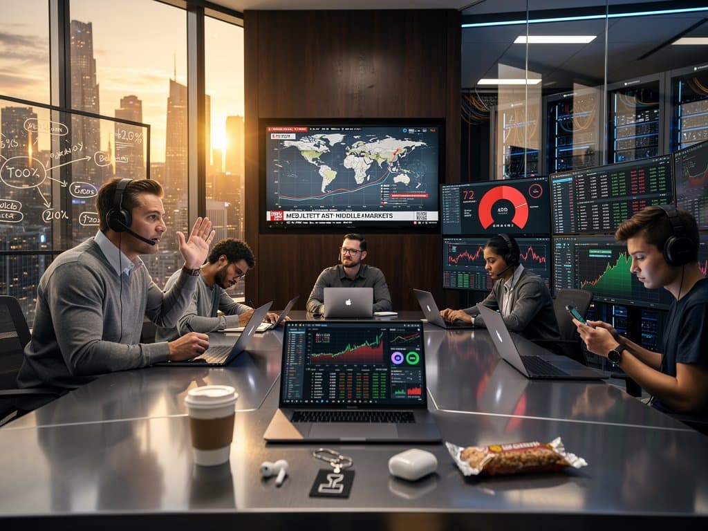 Trading room monitors display Bitcoin dip to $75,610 charts and Fear & Greed Index 27, analysts discuss volatility amid modern office setup (98 chars)