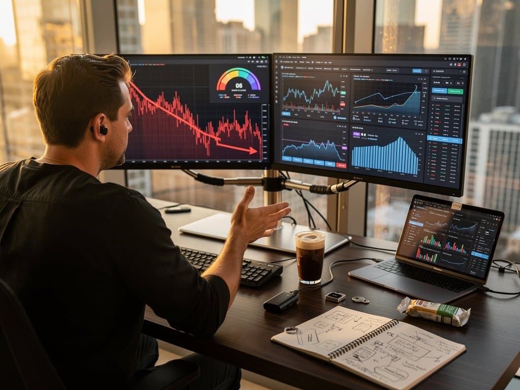 Creator desk with monitors showing BTC $75k charts, Fear & Greed 27, Web3 NFT and dApp dashboards, Ledger wallet