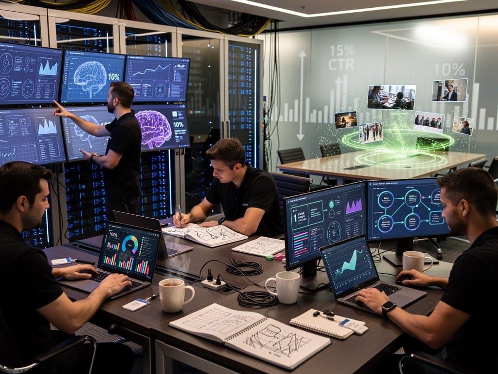 Glowing AI neural networks on monitors in modern tech workspace with server racks and holographic projections
