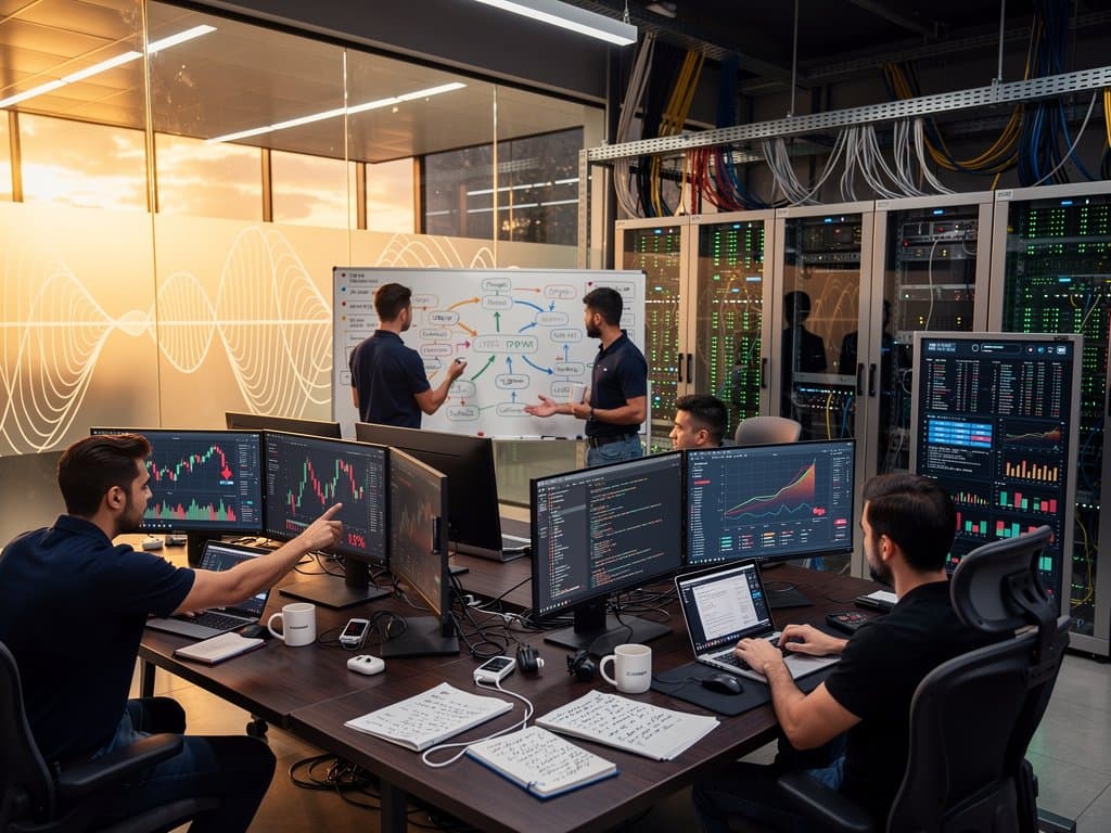 DeepMind lab with AI visualization screens showing stock plunge, collaborative desks, server racks, and YouTube analytics in modern tech setting