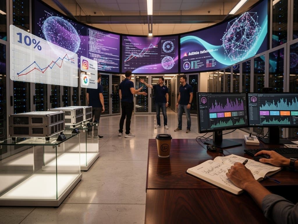 Cyberpunk AI data center with glowing servers, neural nets, revenue charts, and Thames skyline at dusk