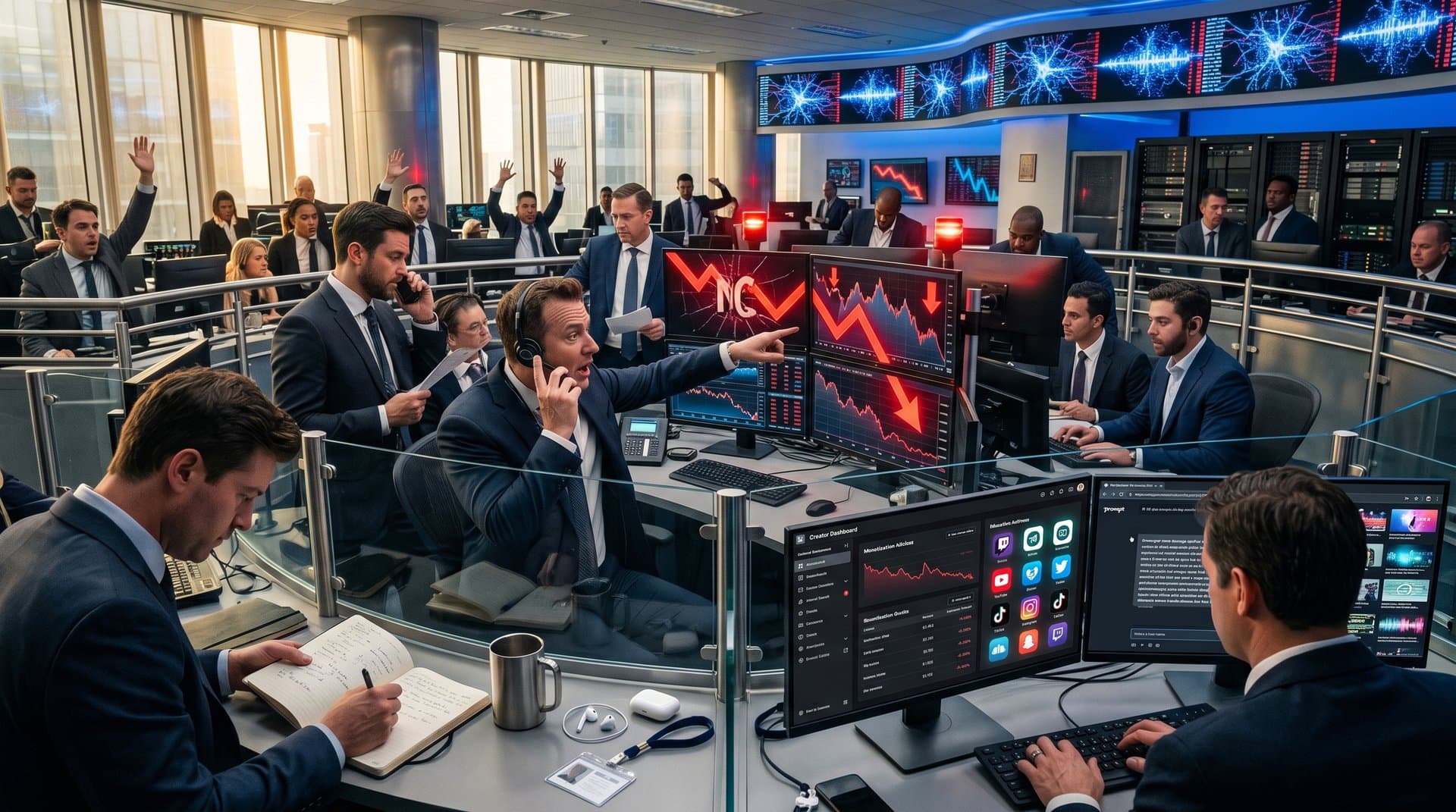 Stock market plunge graphic with Alphabet and YouTube icons, revenue charts, AI elements in tense digital style