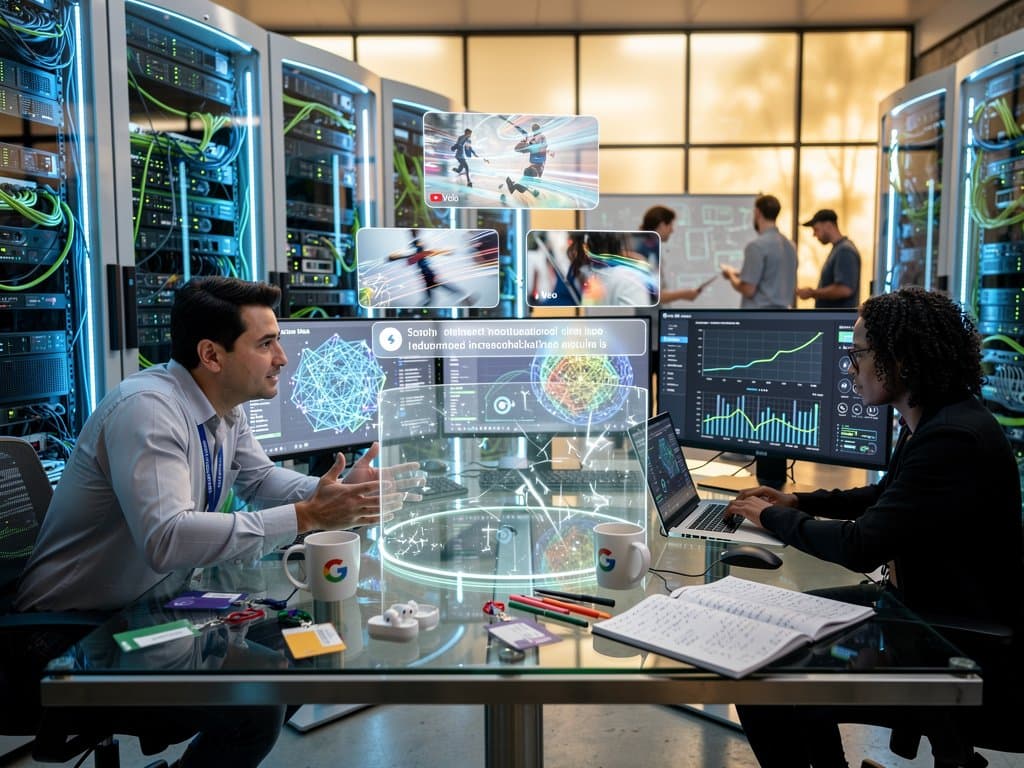 Abstract AI ecosystem visualization with neural networks, YouTube recommendations, Google Ads dashboards, and GPU racks in futuristic style