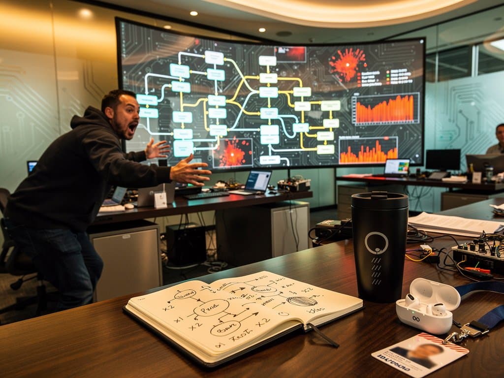 Chaotic AI agent flowchart with token waste graphs and Silicon Valley tech skyline