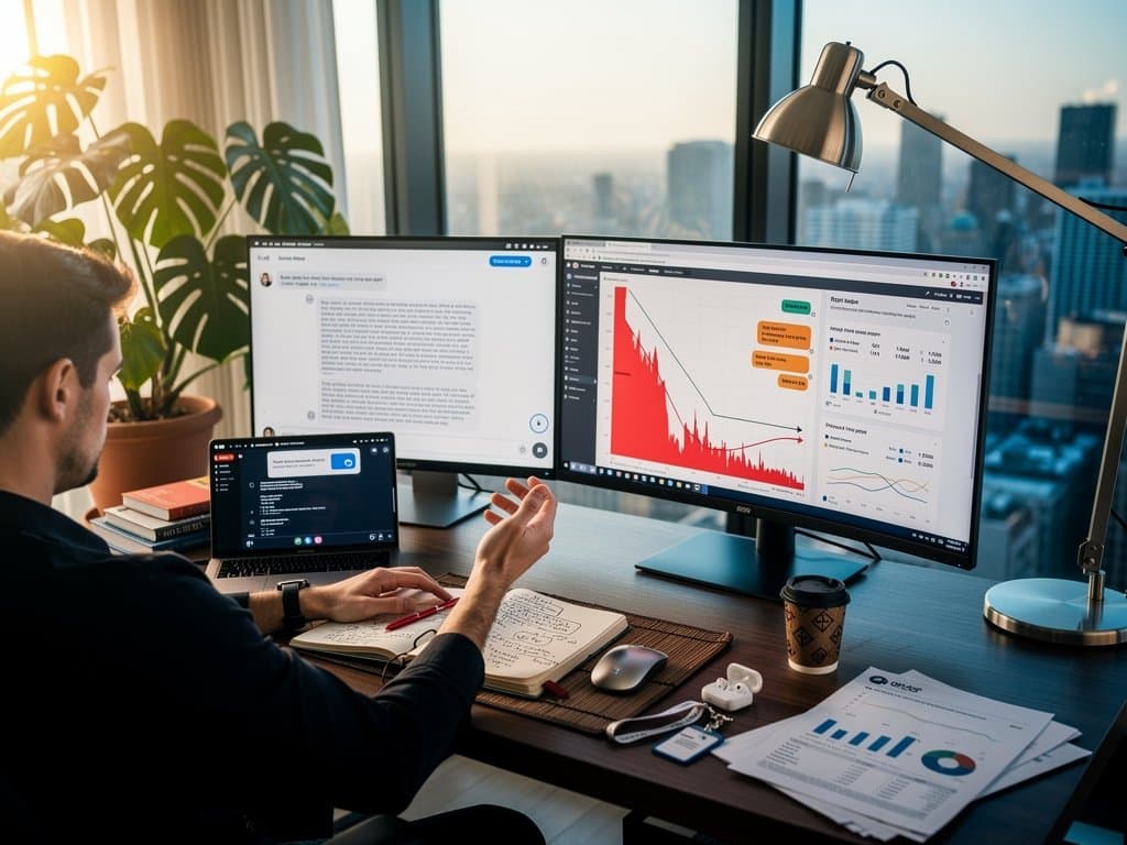 Creator desk setup showing ChatGPT interface, Fear & Greed Index at 27, email analytics drop, and Slack AI mandate amid editing notes and reports