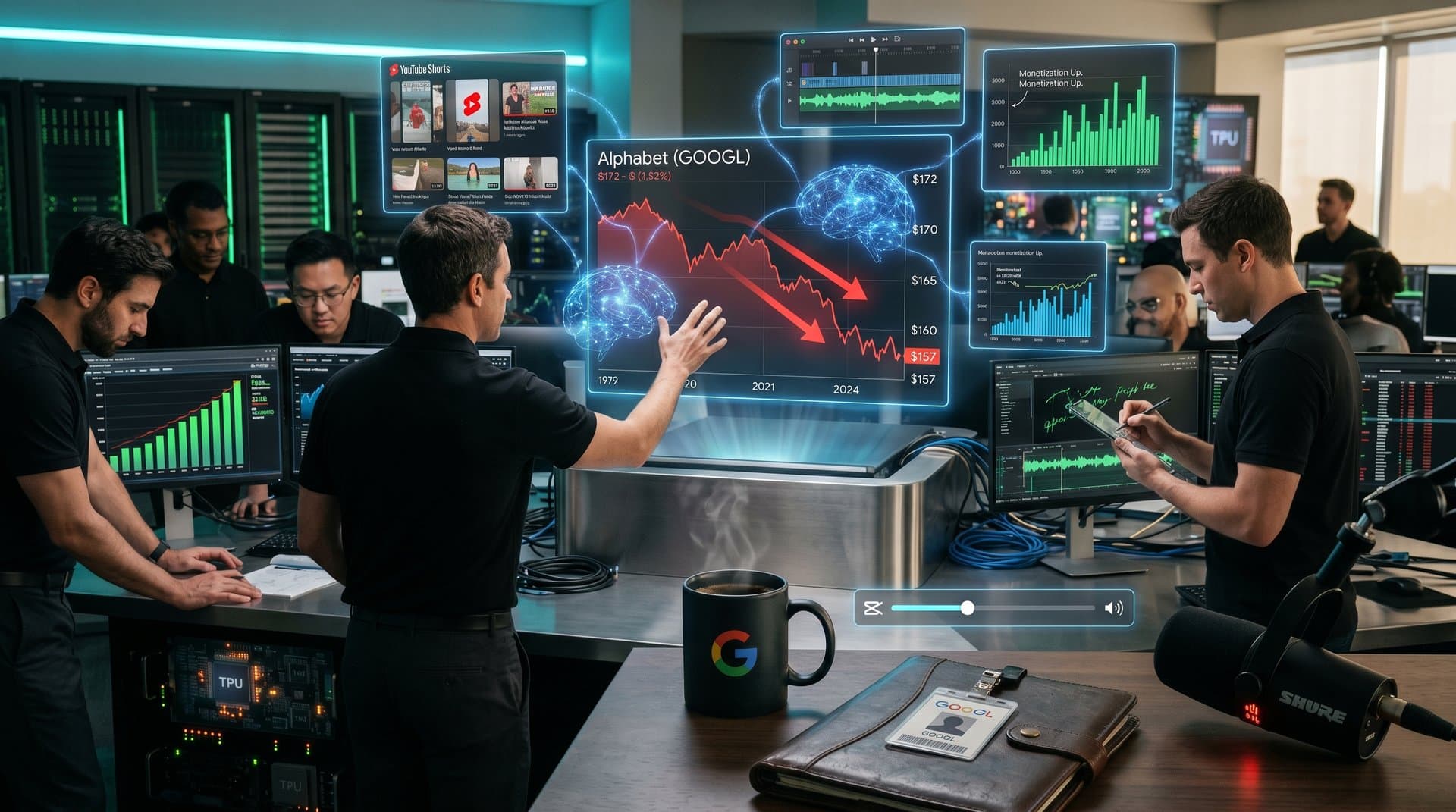 Futuristic stock chart of Alphabet's 10% plunge overlaid with AI-powered YouTube creator tools, neural networks, and monetization icons in cyberpunk style