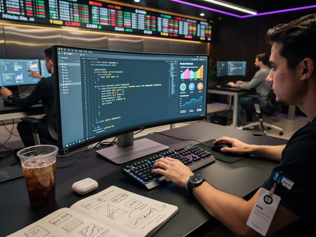 Creator workspace with Cursor AI code editor on monitor, displaying app code, revenue dashboards, and BTC charts amid tech gadgets