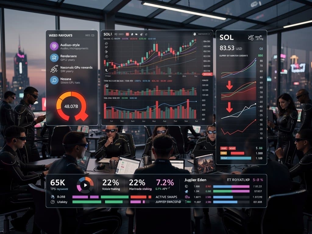 Screens displaying Solana dip to $83.53, NFT royalties, Web3 creator payouts in high-tech finance setup