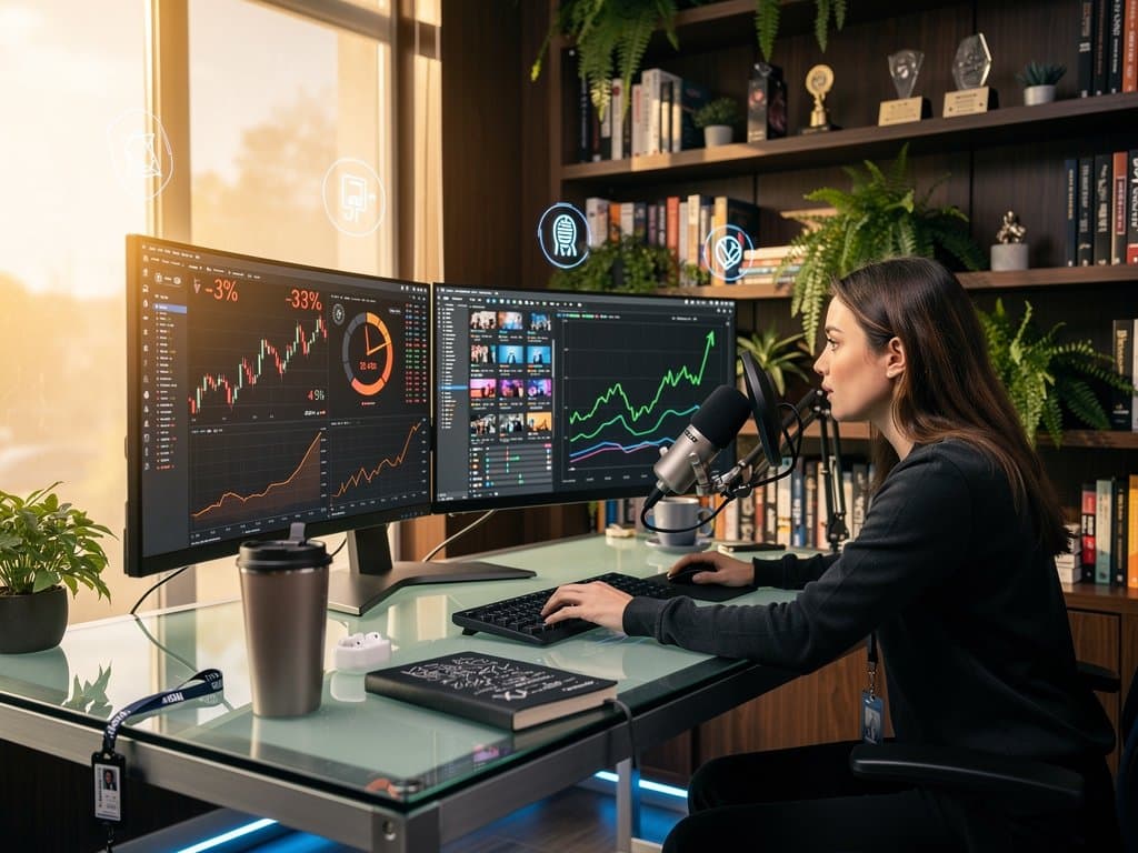 Creator desk setup displaying AI stock dips, Fear & Greed Index at 29, Bitcoin price decline, and Descript tools in a tech-savvy office