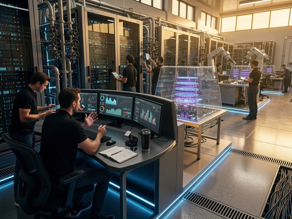 Technicians monitor Cerebras AI chip racks in a bustling Tier IV data center with glowing monitors and coolant systems