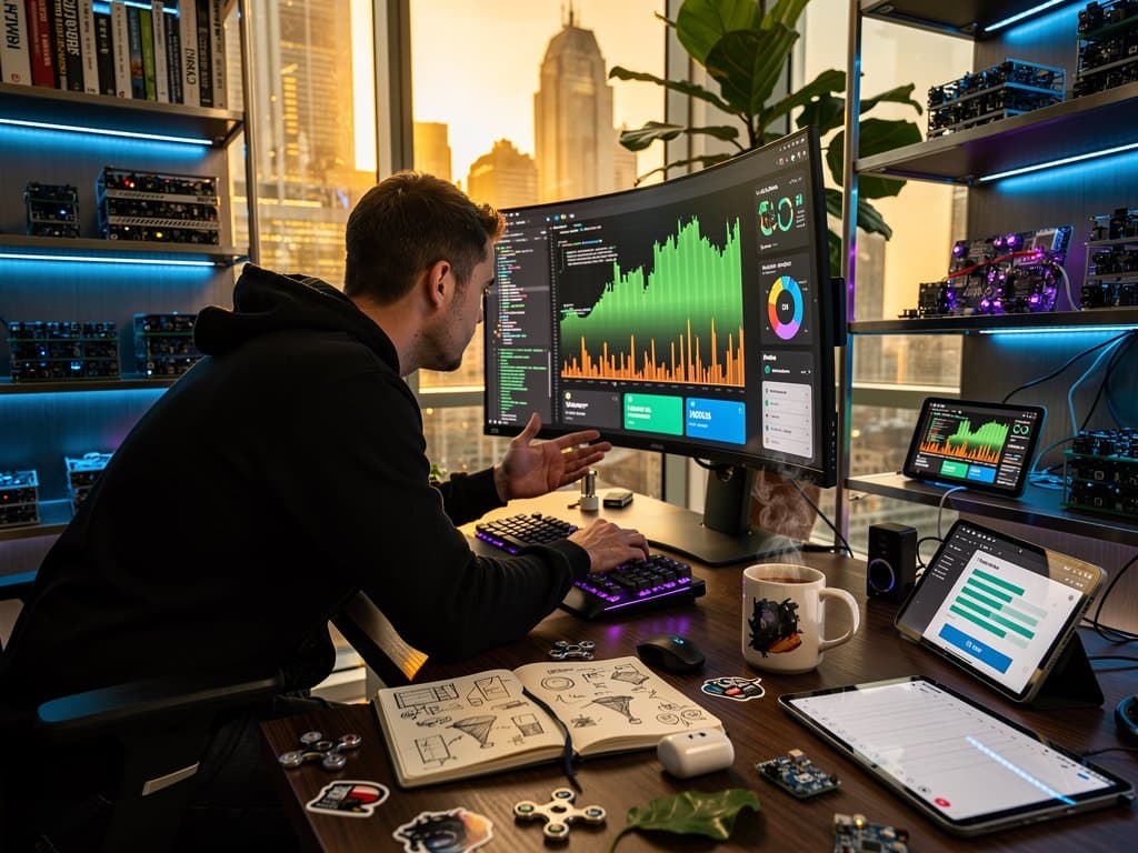Creator desk setup featuring Cursor AI in VS Code generating code for a creator newsletter dashboard app on dual monitors with analytics charts