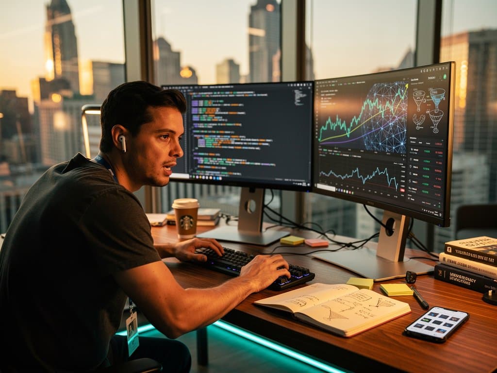 Creator workspace with Cursor AI editor generating code, crypto price charts, keyboard, coffee, and skyline under LED lights