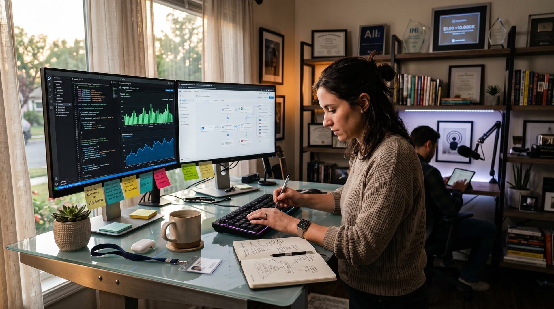 Creator's desk with Cursor AI code on monitors building newsletter dashboard, keyboard, coffee, modern office setup