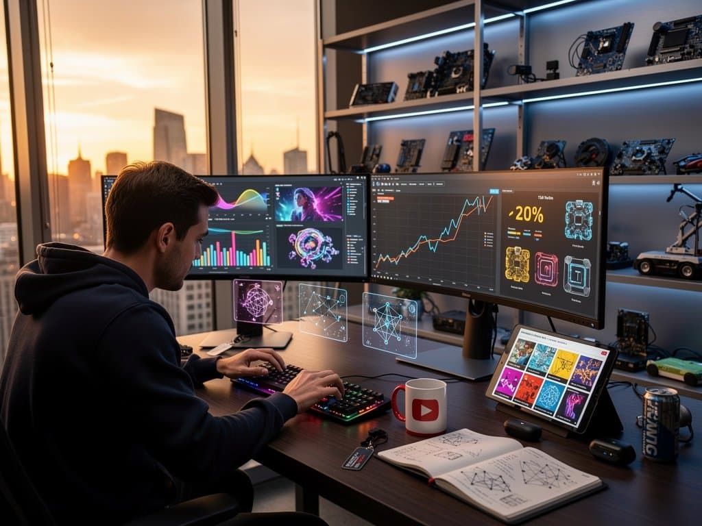 Creator desk with YouTube AI dashboard, editing tools, and neon-lit workspace