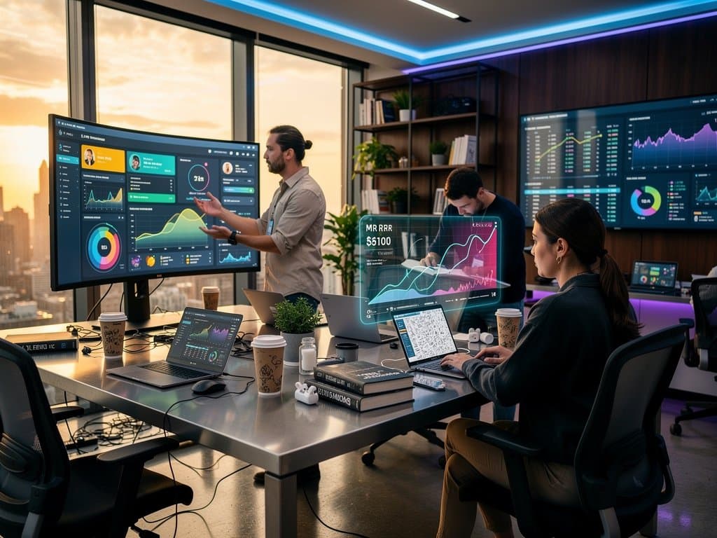 Futuristic AI dashboards displaying agentic revenue optimization charts in a modern creator tech office