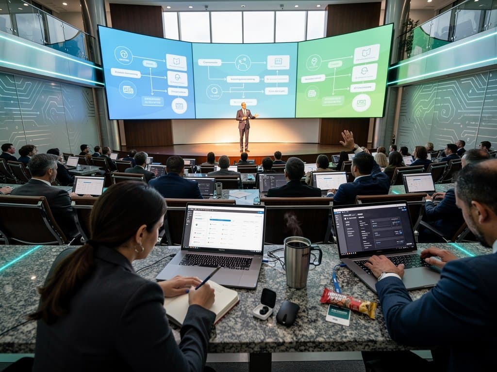 Futuristic conference screens show agentic AI workflows amid laptops and collaboration tables at tech event
