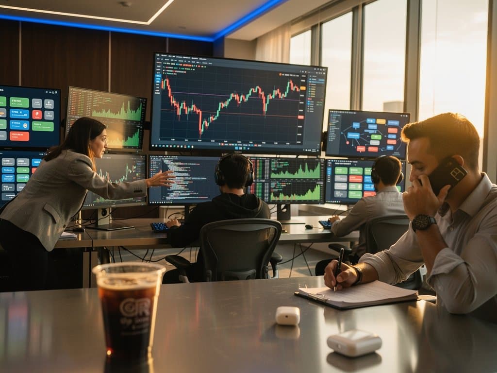 Fintech office screens showing BTC charts at $75K and no-code AI app builders for creator marketing tools