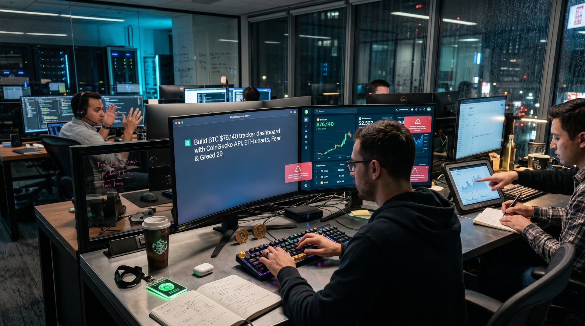 AI-generated no-code crypto dashboard displaying BTC $76,140 on futuristic ultra-wide monitor
