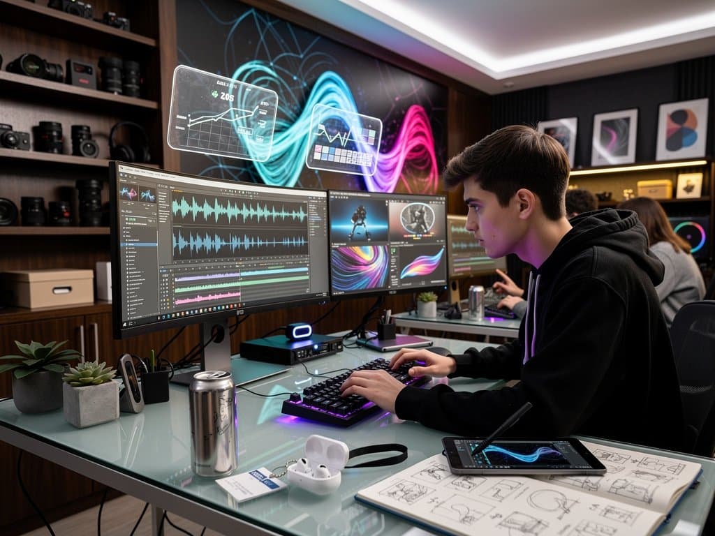 Creator workspace with AI tools like Descript and Runway on monitors, revenue charts, high-tech setup for content efficiency