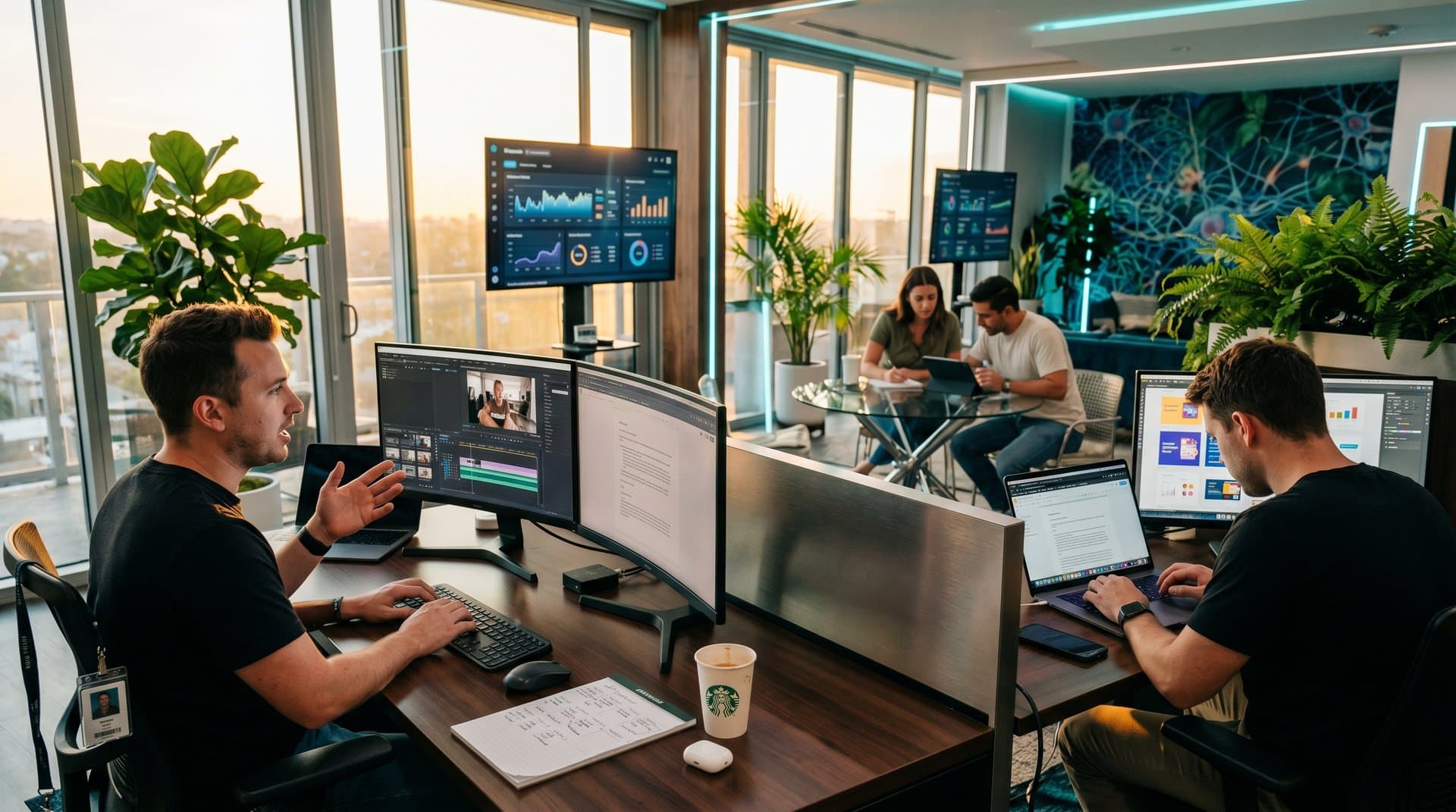 Bloggers and marketers collaborate in a modern studio, screens display AI tools like Runway video gen and Jasper SEO amid content dashboards