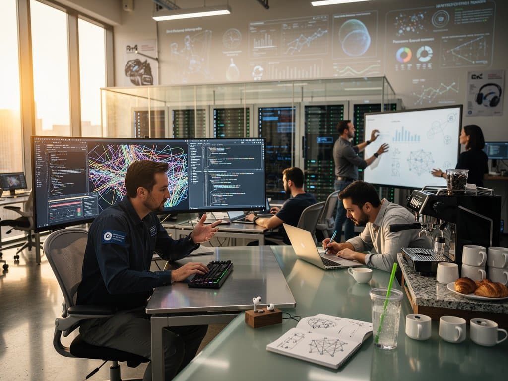 High-tech Microsoft AI lab with glowing neural networks on ultrawide monitors, collaborative tables, and server racks in innovative environment