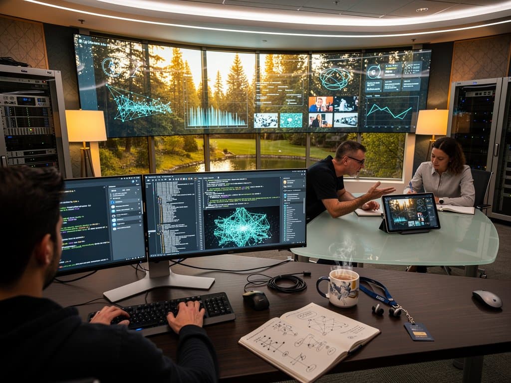 High-tech desk with monitors showing AI code and creator dashboards in modern Microsoft-style lab