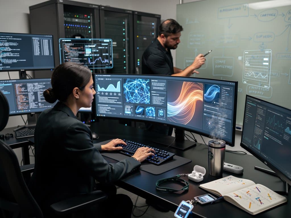 High-tech AI workspace with neural networks on screens, code monitors, keyboard, notebooks, and crypto charts under modern lighting