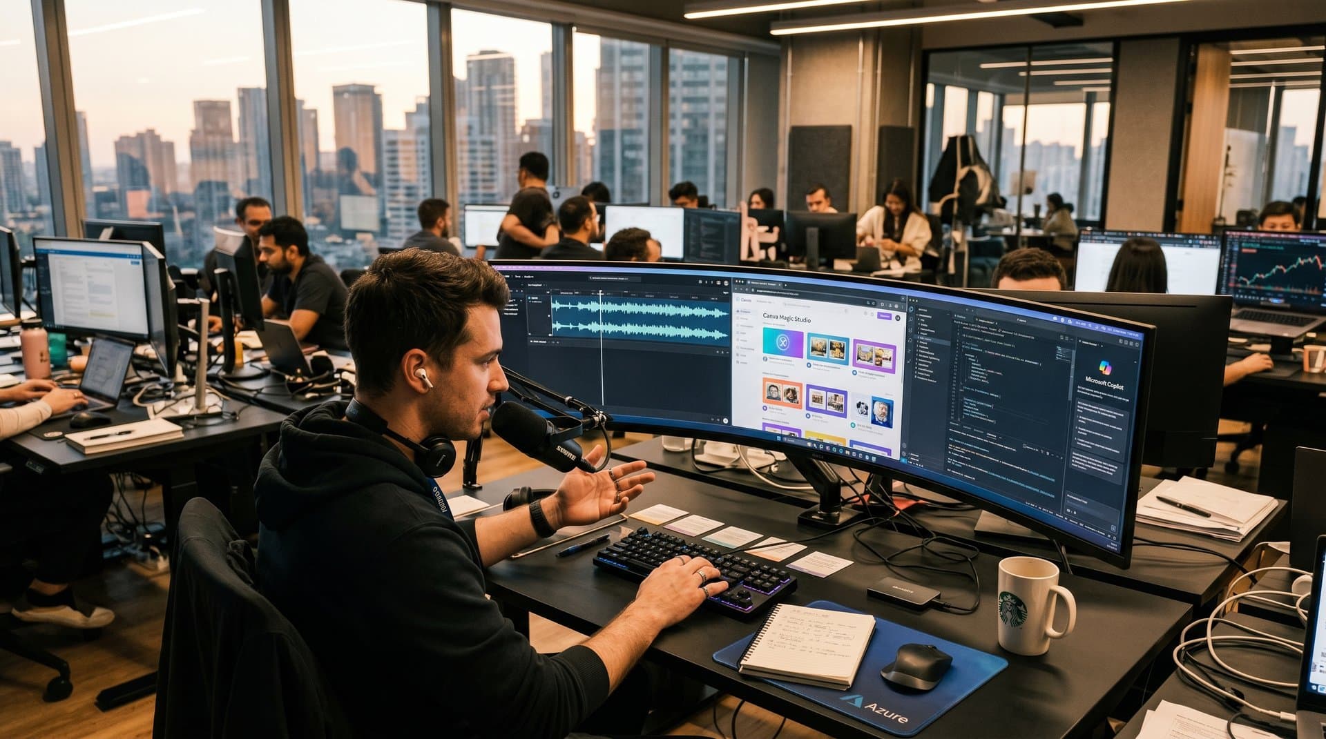 Creator workspace screens showing AI tools like Descript, Canva, and Copilot with crypto charts