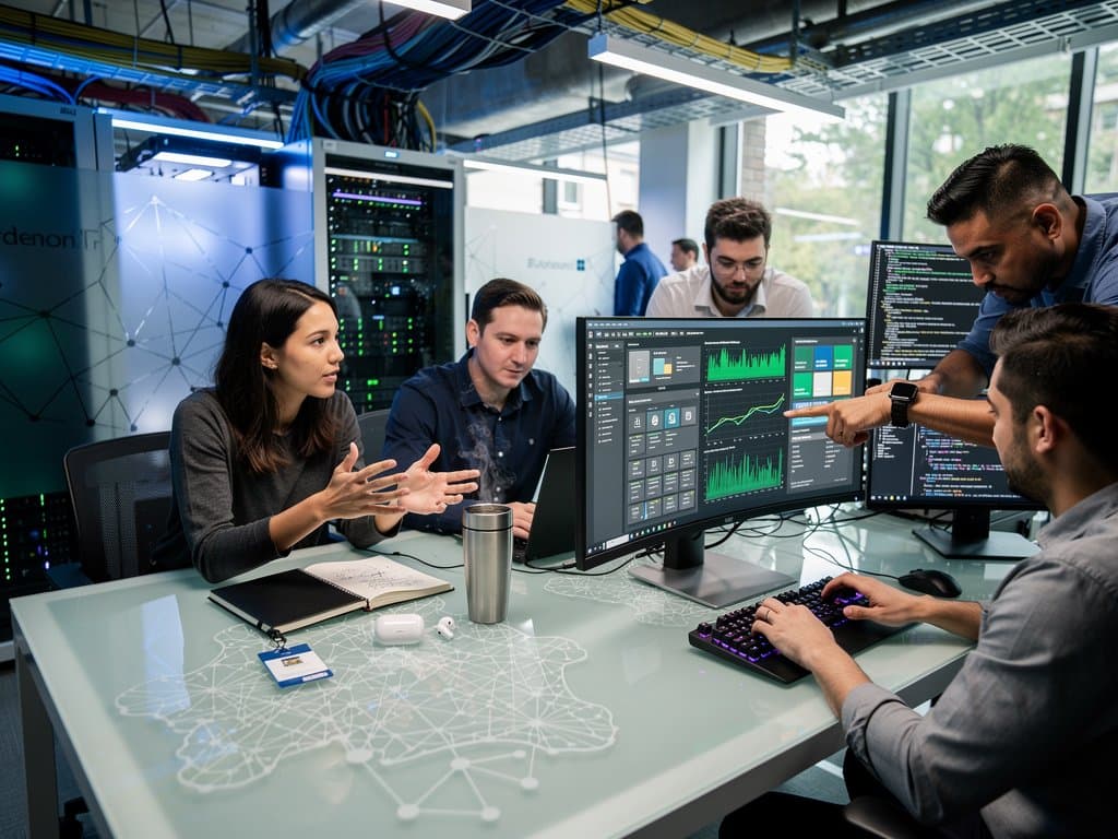Abstract scene of Microsoft Azure lab with Copilot interfaces, neural diagrams, and glowing server racks for AI creator tools