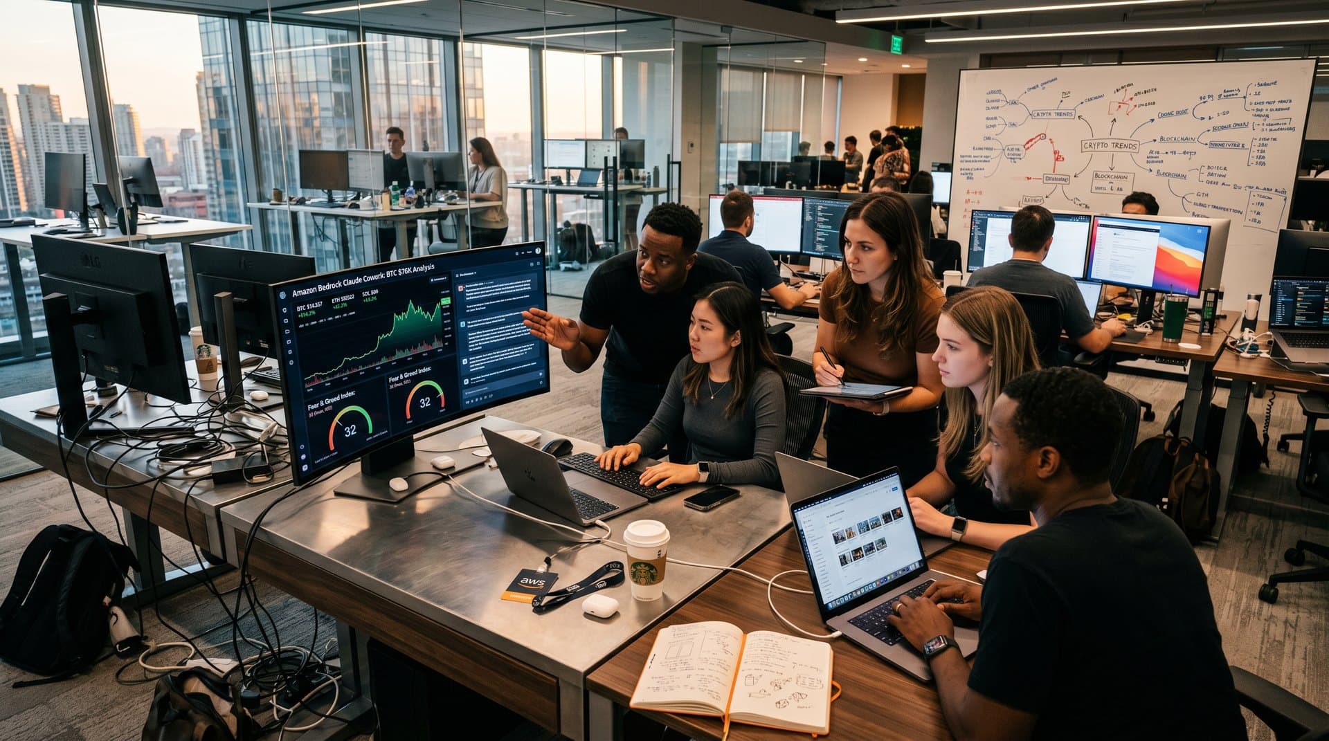 Team collaborates on Amazon Bedrock with Claude Cowork and crypto charts including BTC data