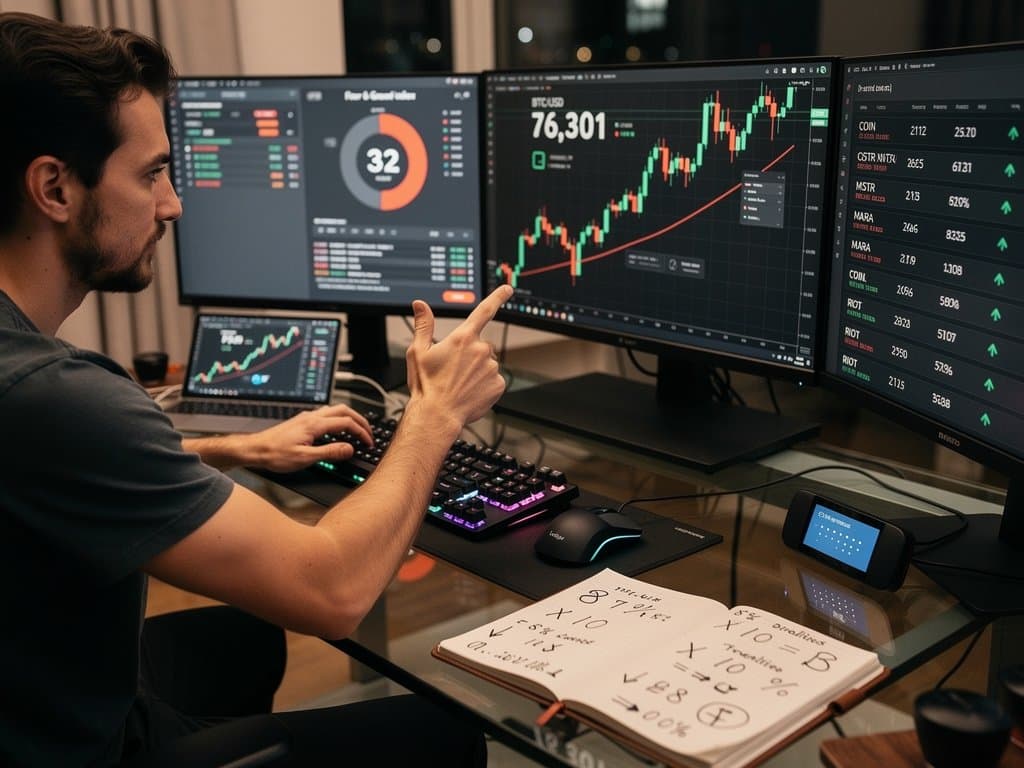 Creator desk setup analyzes best cryptocurrency stocks charts with BTC at $76K, Web3 gadgets like Ledger Nano X and Stream Deck prominently featured